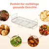 A metal air fryer basket is shown in the center, surrounded by circular images of various foods that can be prepared with it, such as steak, bread, chips, kebabs, asparagus, and chicken wings. Produktbild-Vorschau