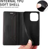 A hand is holding a black flip wallet phone case open, revealing the interior card slots and the TPU soft shell that holds the phone. Produktbild-Vorschau