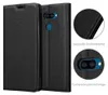 A black flip phone case is shown open, with close-up views of its texture and camera cutout. Produktbild-Vorschau