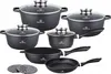 A set of cookware with speckled black coating and glass lids, arranged on a white background. Produktbild-Vorschau