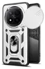 A silver and black phone case with a ring holder and a camera lens cover is shown against a white background. Produktbild-Vorschau