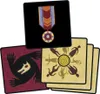 A collage of game cards, including one with a medal, one with a wolf-like creature, and several with silhouettes of people around a central spiral. Náhľad obrázku produktu