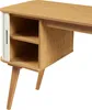 A close-up, angled view of a desk made of bamboo with a white sliding door on the left side and two open shelves. Produktbild-Vorschau