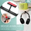 A collage showing a headphone holder, a Tonie box on a shelf, and headphones hanging from the holder. Text overlays describe the product features. Produktbild-Vorschau