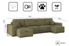Diagram of a sectional sofa with dimensions and feature icons. Produktbild-Vorschau