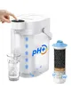 A person's hand is pressing a button on a water filter pitcher, with filtered water pouring into a glass. A water filter cartridge is shown next to the pitcher. Produktbild-Vorschau