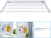 Collage of images showing a white wall-mounted retractable clothes drying rack, with some images showing it in use with clothes hanging. Produktbild-Vorschau
