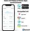 A smartphone displaying health statistics and a list of compatible fitness apps. Produktbild-Vorschau