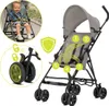 A baby sitting in a stroller, with close-ups of stroller features. Produktbild-Vorschau