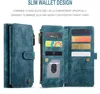 A blue wallet with multiple card slots and a zipper compartment is displayed open, showcasing its features. Produktbild-Vorschau