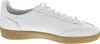 A side view of a white leather sneaker with a tan sole. Produktbild-Vorschau