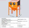 An orange sandblasting cabinet with a stand, shown against a light gray background with dimensions and specifications listed. Anteprima dell’immagine prodotto