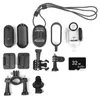 A collection of accessories for a mini action camera, including the camera itself, mounts, a waterproof case, a neck strap, and a memory card. Náhled obrázku produktu