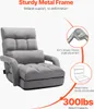 A gray floor chair with its features highlighted with text and diagrams. Produktbild-Vorschau