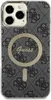 A black and gray patterned iPhone case with a gold circular MagSafe ring and the Guess logo. Voir les images du produit