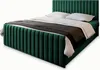 A green upholstered bed with white bedding and a dark throw blanket, shown against a white background. Produktbild-Vorschau