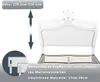 A white bed frame with an adjustable headboard and a slatted base, with diagrams and text indicating dimensions and features. Náhľad obrázku produktu
