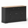 A black sideboard with a wooden top on a white background. Produktbild-Vorschau