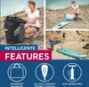 Collage showing a woman with a bag, a woman rolling a board, a man pumping a board, and icons representing features. Produktbild-Vorschau