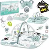 A collage of images showcasing a baby play mat and its accessories, including toys, a pillow, and packaging. Produktbild-Vorschau