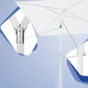 Close-up views of an umbrella's joint and pole mechanism, set against a light blue background with abstract shapes. Produktbild-Vorschau