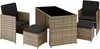 A rattan furniture set with a table, two chairs, and two ottomans, all with black cushions, displayed on a white background. Voir les images du produit