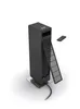 A black tower fan with its front grill partially open, shown with a remote control nearby, on a white background. Náhľad obrázku produktu