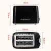 Top and bottom views of a black toaster with dimensions indicated. Produktbild-Vorschau