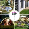 A collage of four images showing different outdoor settings and activities, including a garden swing, a modern fence, camping, and a patio garden with flowers. A solar flower light is featured in the center. Náhled obrázku produktu