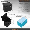 A collage of images showing a black aluminum box with dimensions and internal volume diagrams. Produktbild-Vorschau