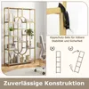 A tall, gold-framed bookshelf with white shelves, decorated with books, plants, and decorative items, is shown in a room setting. A close-up inset shows a safety strap and diagrams illustrating stability. Podgląd zdjęcia produktu