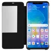 A black flip cover case for a Huawei Mate 20 Pro is shown open, revealing the phone's screen displaying the time, date, weather, and app icons. Podgląd zdjęcia produktu