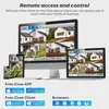 Multiple screens displaying security camera footage, with text promoting remote access and control via app and client. Produktbild-Vorschau