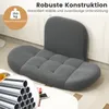 A gray floor chair is shown in a room setting, with text overlays highlighting its features. Produktbild-Vorschau