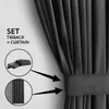 A close-up of a dark gray curtain with a tieback and a detail of the tieback and curtain pleats. Produktbild-Vorschau