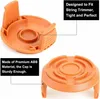 Two orange plastic string trimmer caps are shown, one from the top and one from the side. Text boxes describe the product's features. Produktbild-Vorschau