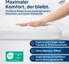 A hand resting on a mattress topper, with marketing text and certifications. Produktbild-Vorschau