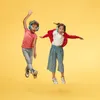 Two children are jumping in the air while wearing headphones against a yellow background. Náhled obrázku produktu