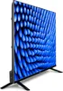 A side view of a flat-screen television with a blue abstract pattern on its screen, resting on its stand. Produktbild-Vorschau