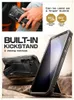 A collage of images showing a phone case with a built-in kickstand and finger buckle, demonstrating its use and features. Produktbild-Vorschau