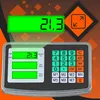 A digital scale with a prominent display and keypad, set against an abstract orange and black background. Voir les images du produit