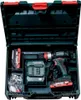 A Metabo cordless drill and accessories are neatly arranged inside a dark green carrying case with red latches. Produktbild-Vorschau
