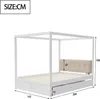A white canopy bed with drawers and a beige headboard, shown with dimensions indicated. Produktbild-Vorschau