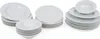 A collection of white ceramic plates and bowls stacked on a white background. Produktbild-Vorschau