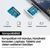 Two Samsung microSD cards, one 512GB and one 1TB, are shown. Below them are icons representing compatibility with smartphones, tablets, laptops, and handheld consoles. Produktbild-Vorschau