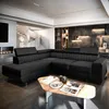 A modern living room with a black sectional sofa, a spiral staircase, and a fireplace. Produktbild-Vorschau