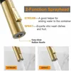 Close-up of a gold kitchen faucet spray head with text explaining its two functions: stream and spray. Produktbild-Vorschau