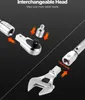 A diagram illustrating the interchangeable heads of a torque wrench set against a dark background. Podgląd zdjęcia produktu