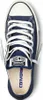 A top-down view of a navy blue Converse sneaker with white laces. Produktbild-Vorschau