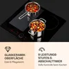 A close-up shot of an induction cooktop with two pots of food cooking on it, accompanied by marketing text and icons. Produktbild-Vorschau